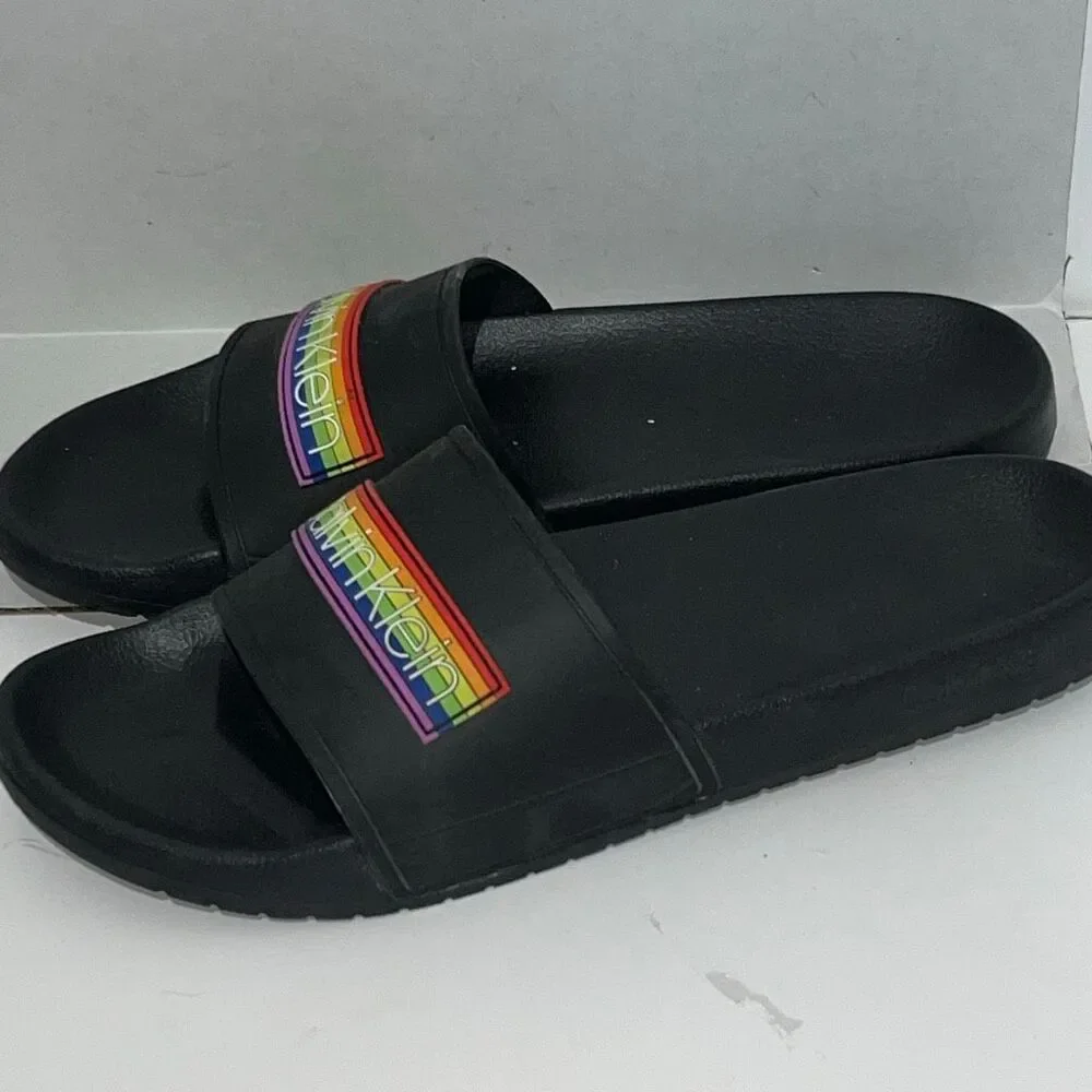 Calvin Klein Men's Pride Rainbow Logo Slip-On Slide Sandals Black Size 11‎